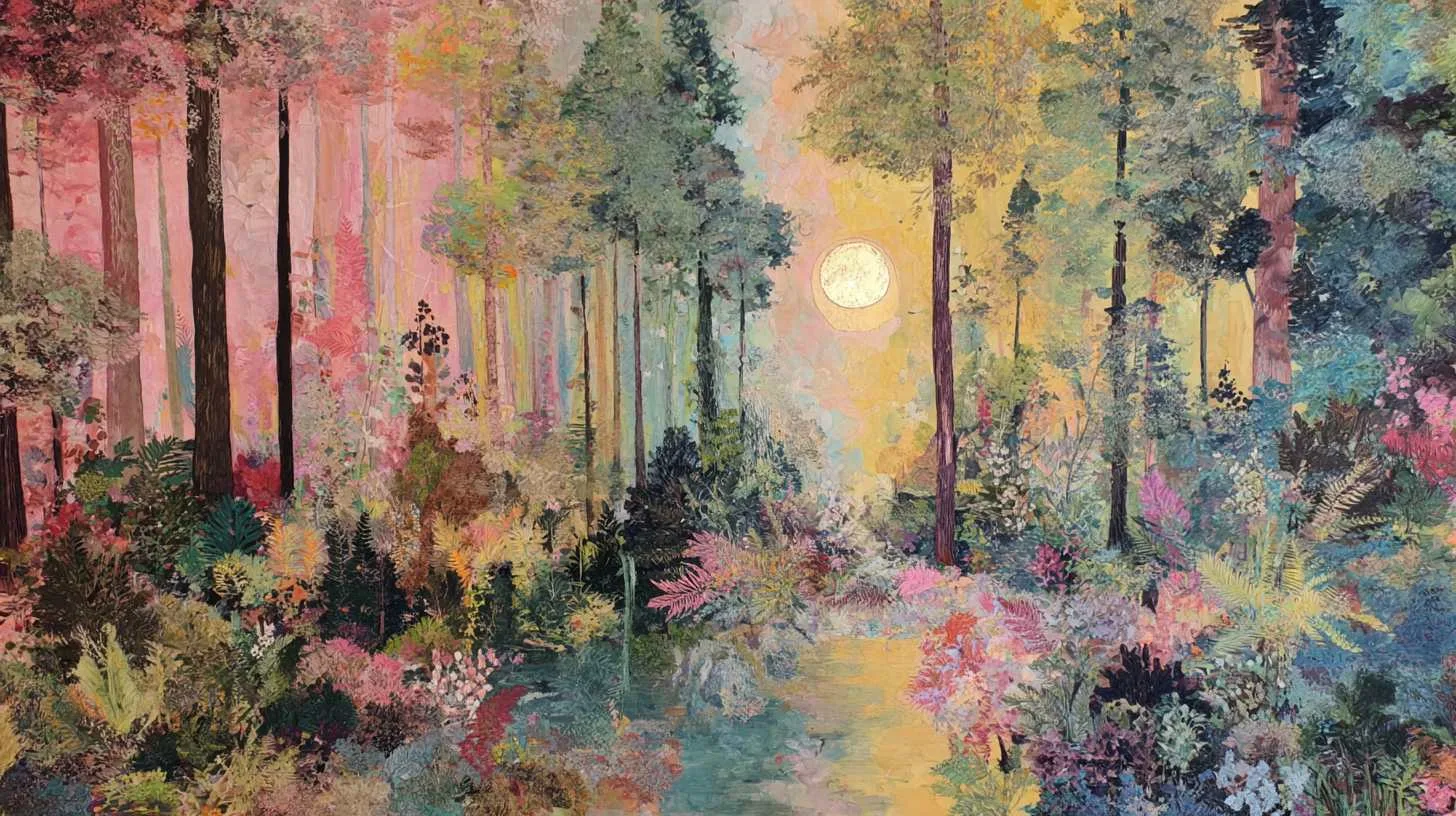 oil painting of sun rising behind forest and flowers