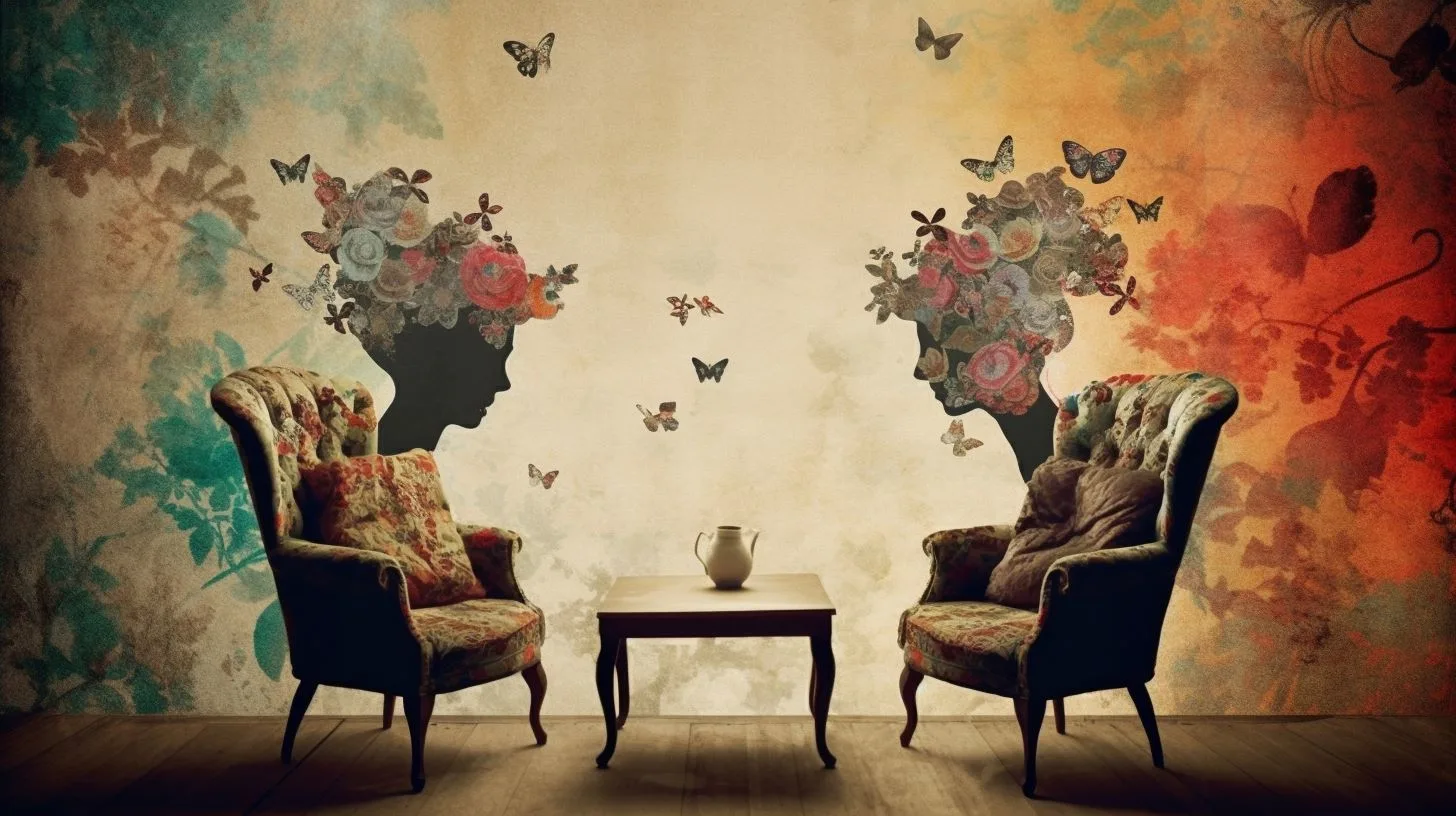 Surreal image of a psychotherapy room. Two chairs.