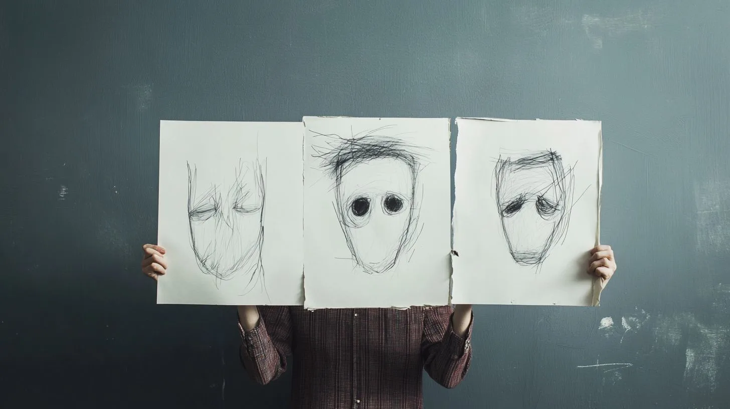 Client hiding behind posters of emotions