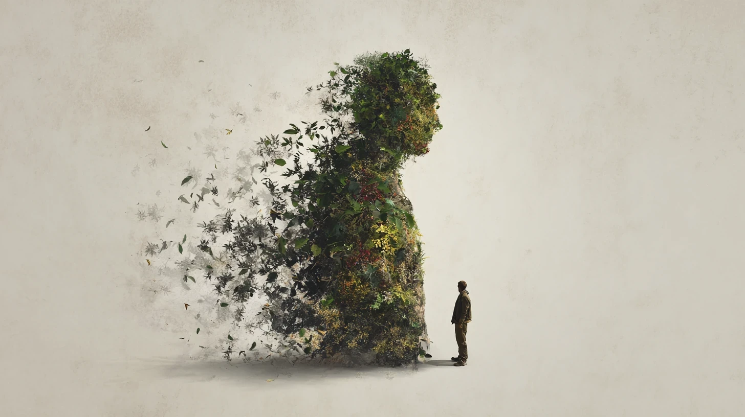 A man standing and facing a large wall-like shape formed from lush green leaves, vines, and foliage that grows upward into a human profile, with some leaves detaching and drifting away.