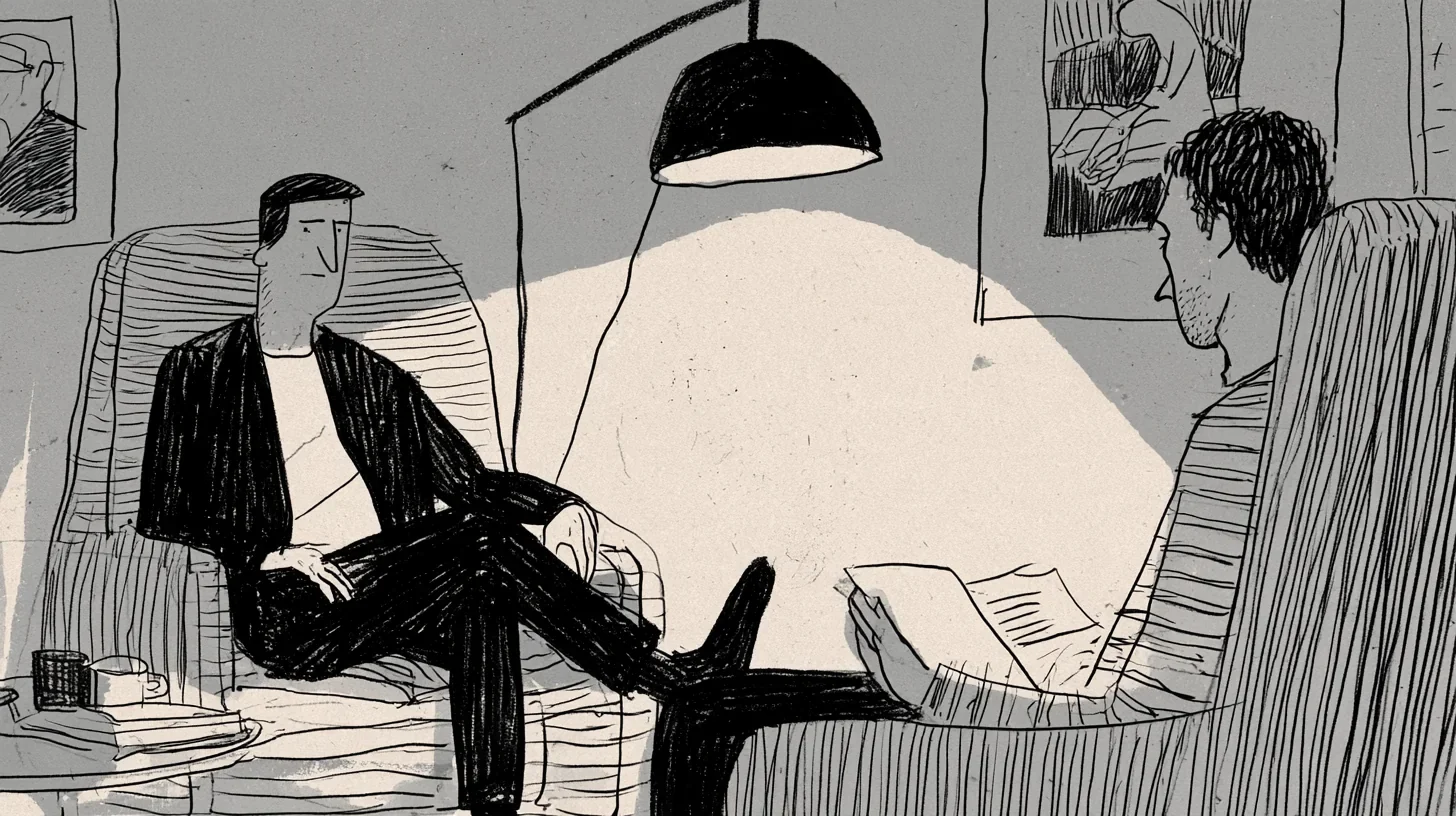 Black, white and grey line drawing of a therapy room, a man in a dark jacket seated with legs crossed opposite another man holding papers, under a large black floor lamp.