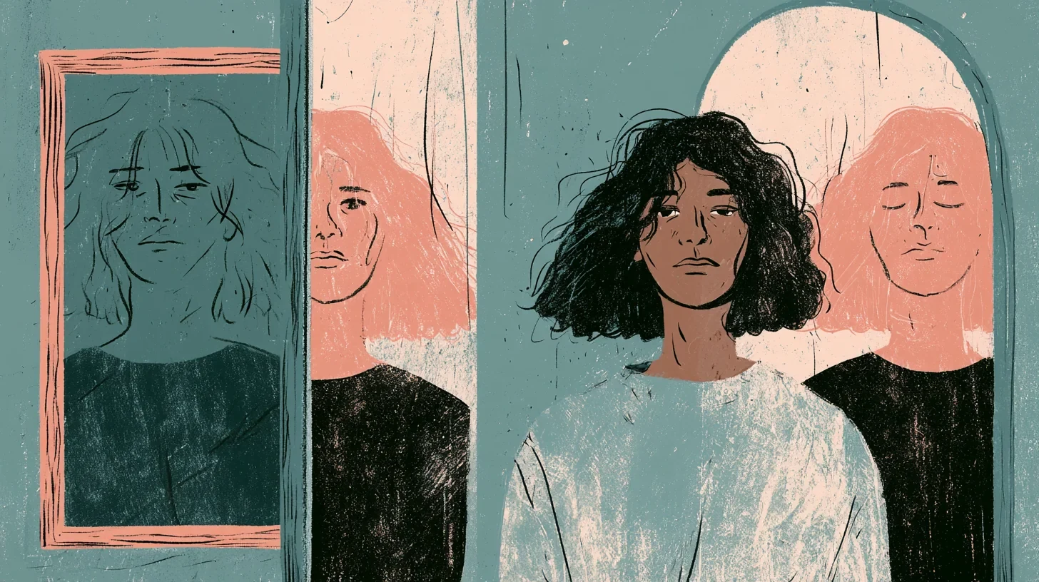 Illustration in teal, coral and black of a young woman with dark curly hair standing between mirrors, each reflection showing a different face and expression.