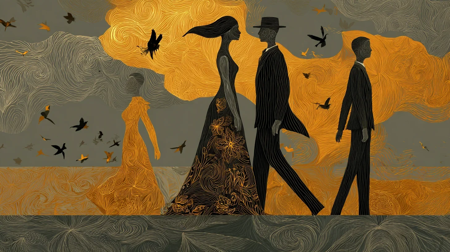 Silhouetted figures walking apart as birds scatter