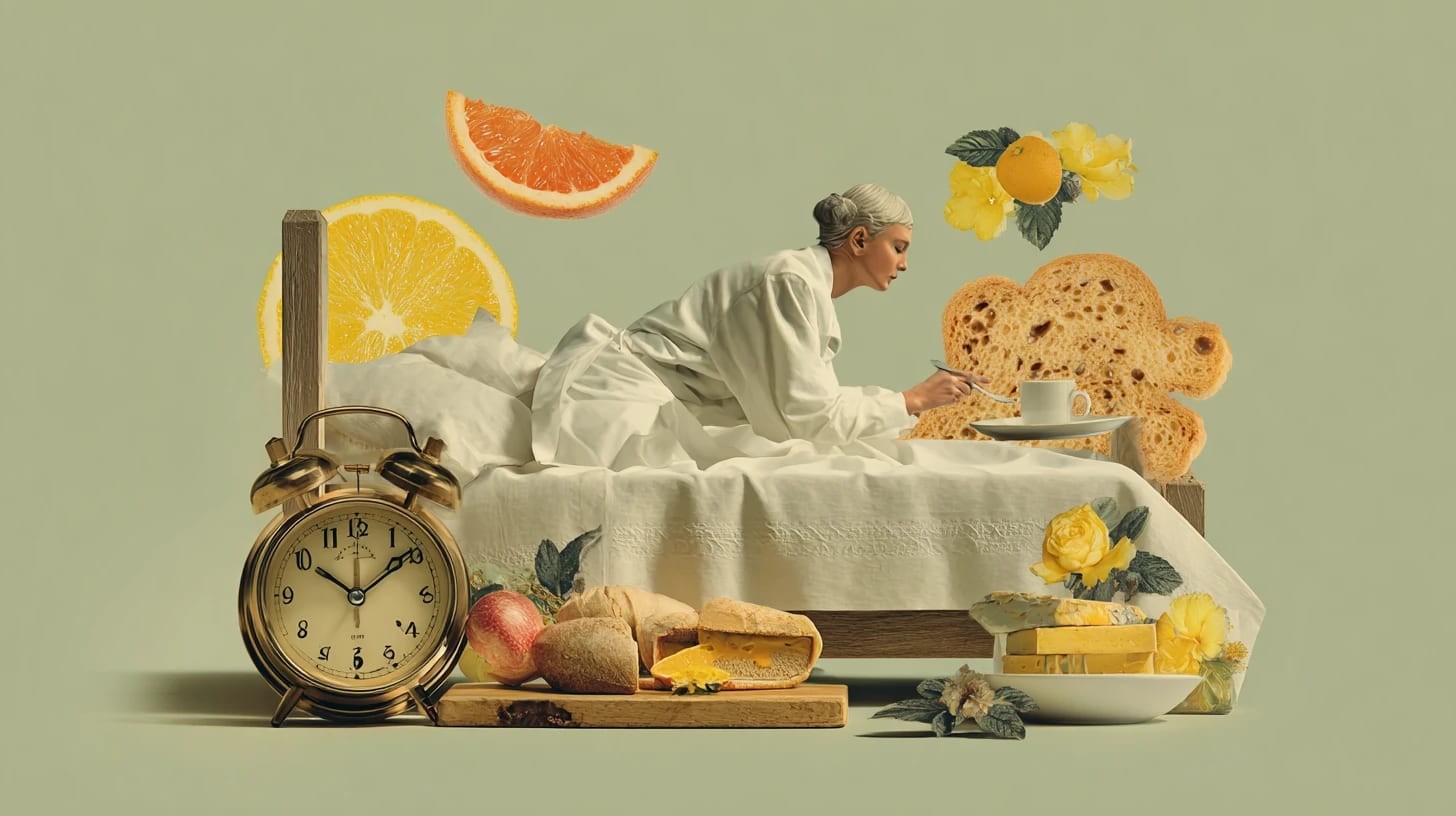 A woman in white nightwear lies on a bed, reaching with a spoon toward a cup on a bedside tray; surrounding are sliced citrus fruits, a loaf of bread, cheese, flowers, and an old-fashioned brass alarm clock, all arranged on a pale green background.