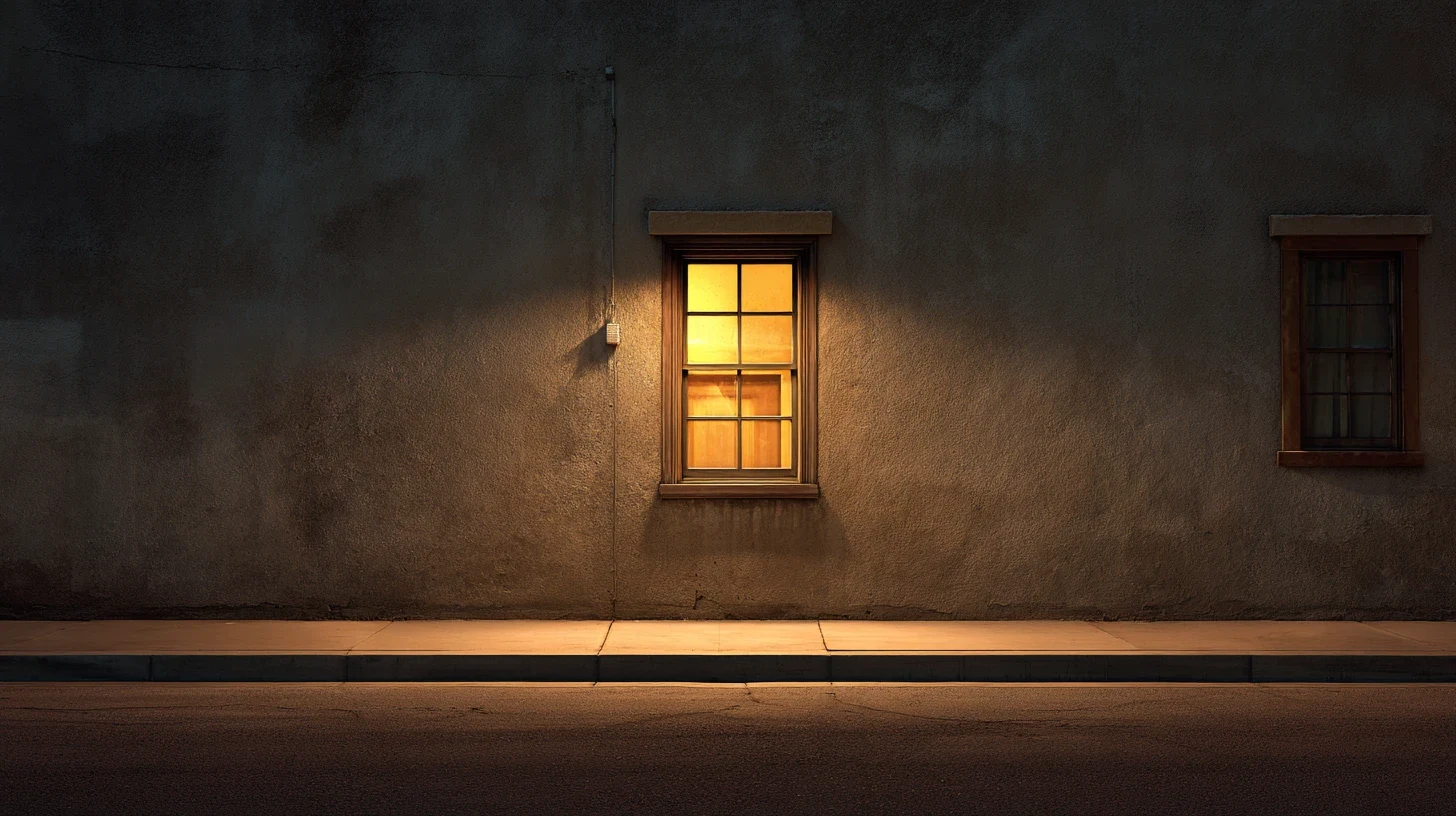 A single lit window glowing in a dark wall at night
