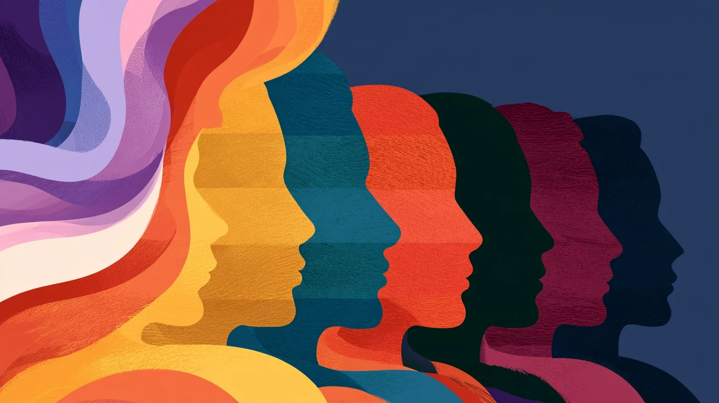 Flat graphic illustration of overlapping head silhouettes in profile, in bands of lilac, yellow, orange, teal, red and dark green, set against a deep navy background.
