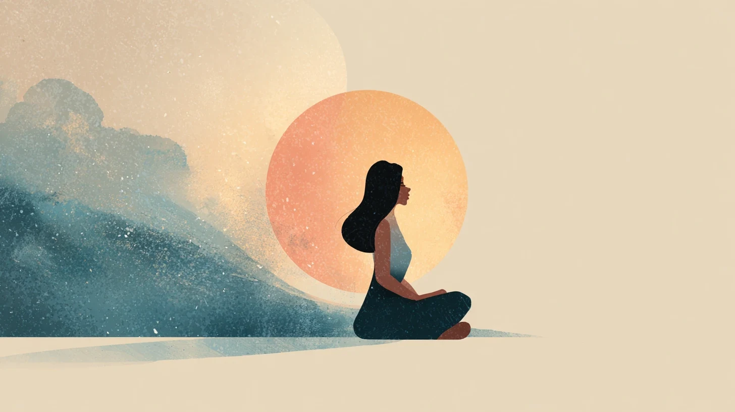Silhouette of a seated woman with long dark hair, practising meditation on a pale beige landscape, large peach sun behind her, abstract blue waves to the left, minimal peaceful scene.