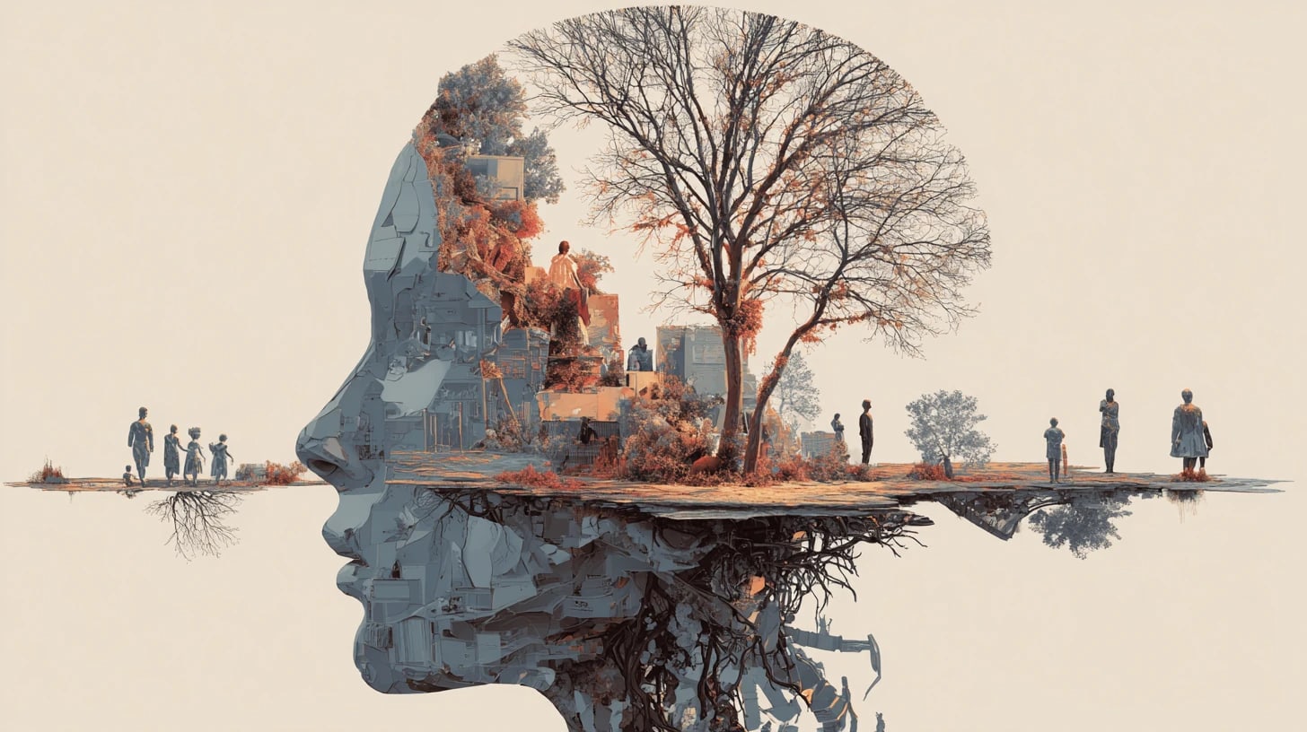 A profile holding a tree and small figures within it