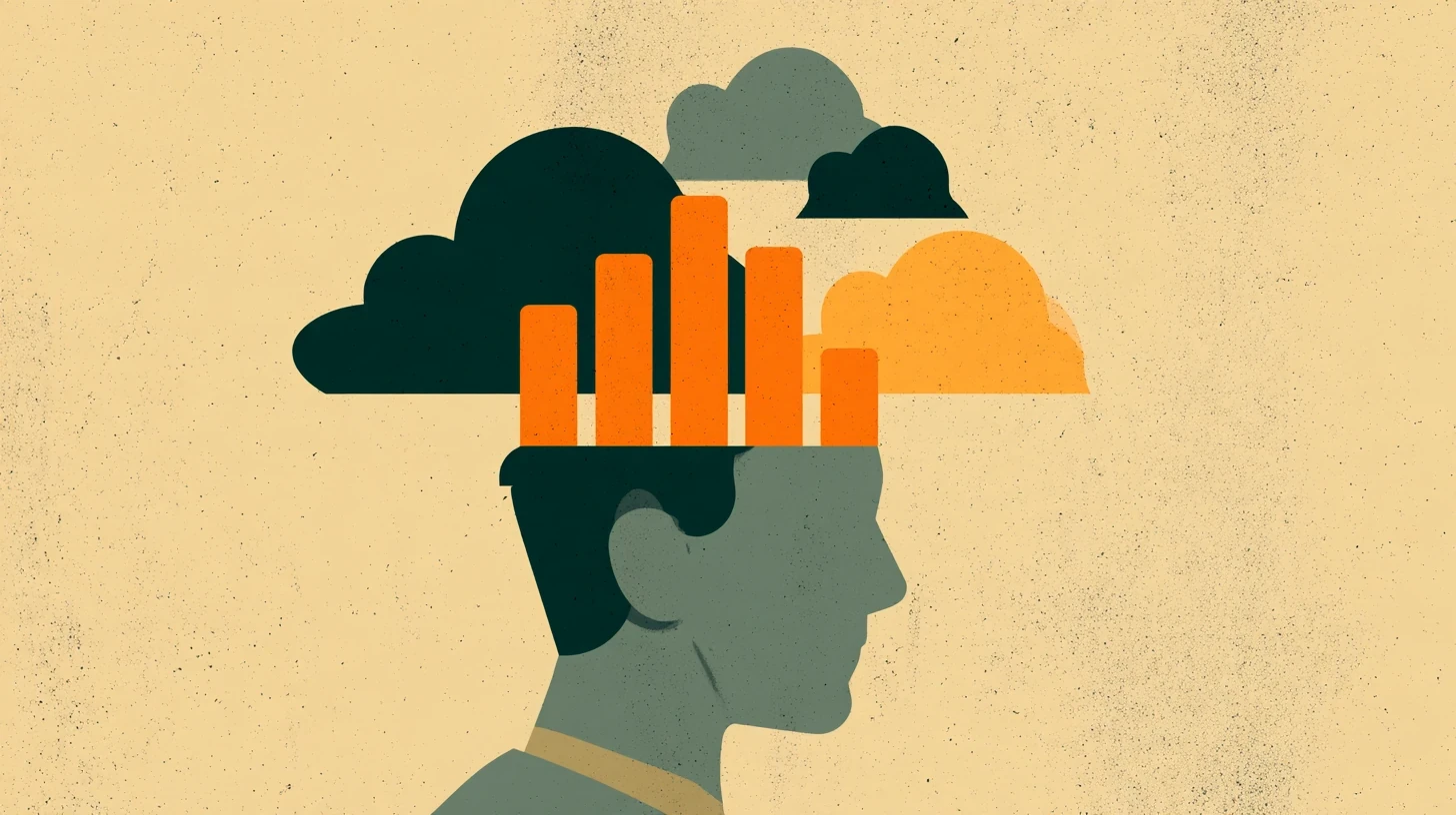 Minimal graphic illustration on a sand-coloured background of a man's head in profile, its top replaced by orange bar-chart columns among dark green and orange clouds.