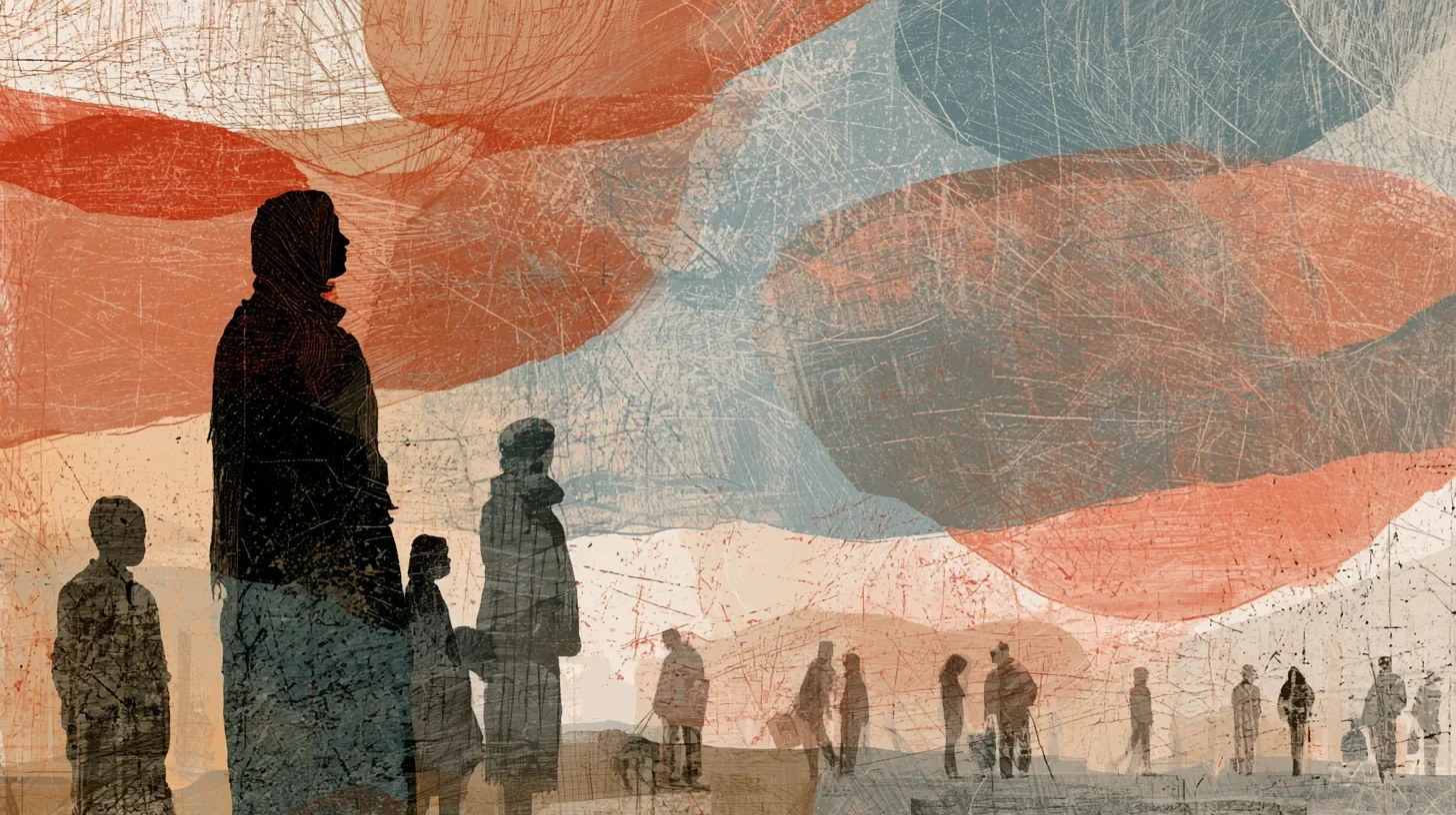 Textured collage of an adult and two children in dark silhouette standing on the left, beneath sweeping washes of coral and pale blue, with small figures walking in the distance.