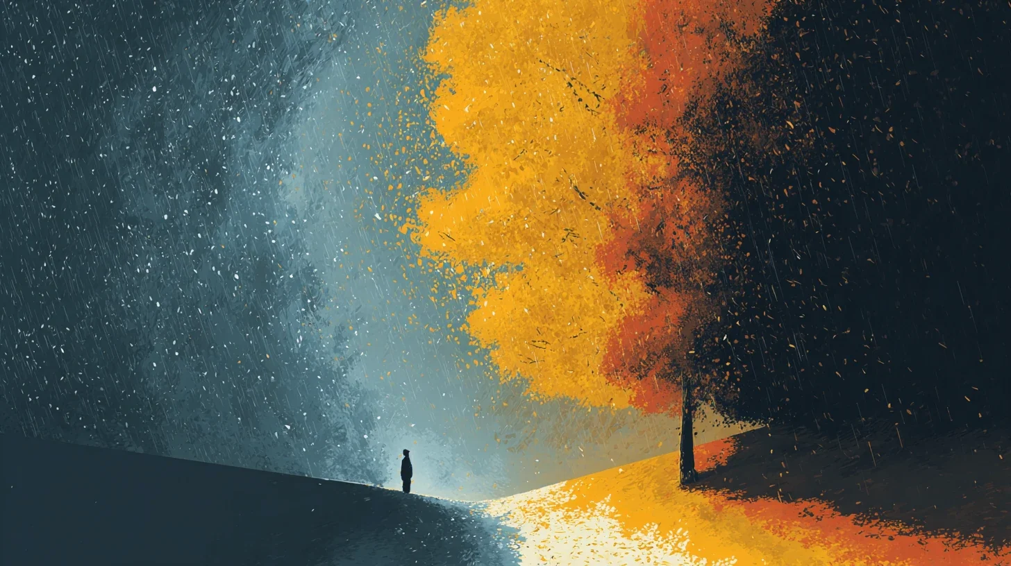 A small figure beneath a golden tree in deep blue