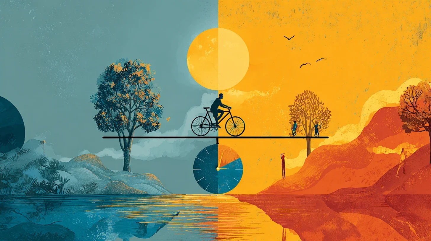 A split-scene illustration: left side cool blue tones with trees and water, right side warm orange tones with hills and people; a bicycle and a balancing beam connect the halves, with a large sun overhead and a clock below the beam.