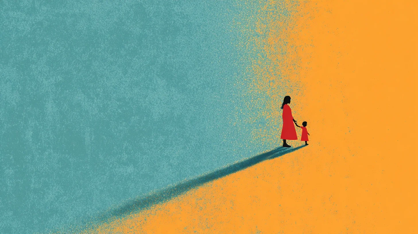 A woman in a red dress holds the hand of a small child in a red outfit as they walk along a diagonal shadow on a split teal and orange background, with the figures near the right edge.