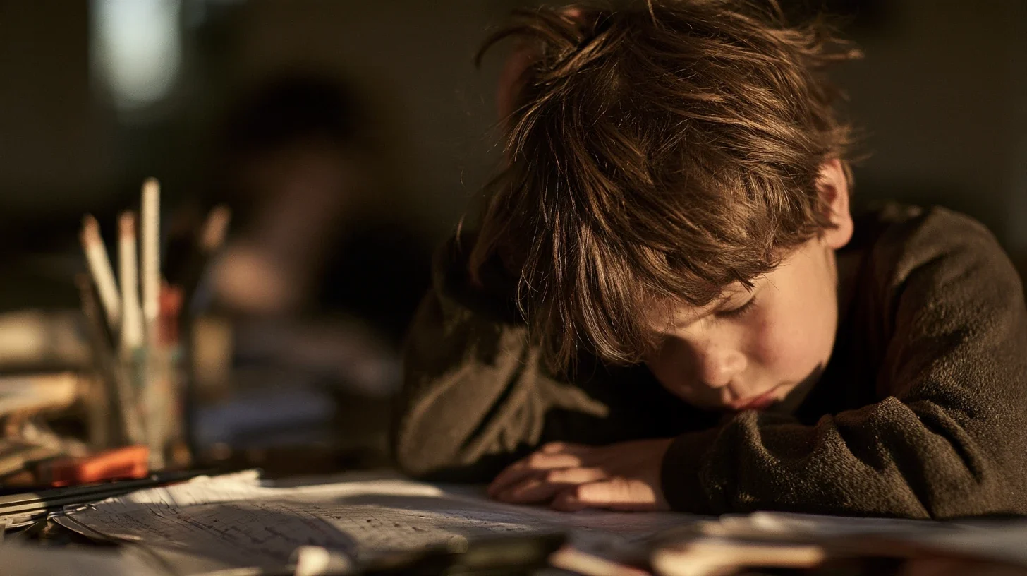 A young boy with tousled brown hair rests his head on folded arms at a desk covered in papers, eyes closed, lit by warm side light, with a pot of pencils blurred beside him.