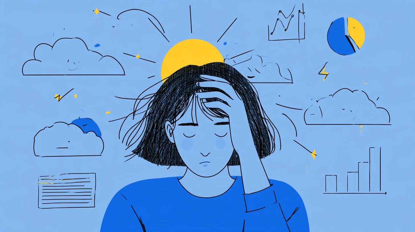 A drawn woman with a dark bob holds her hand to her forehead with her eyes closed, against a blue background scattered with clouds, a yellow sun, a lightning bolt, a pie chart and small bar and line graphs.