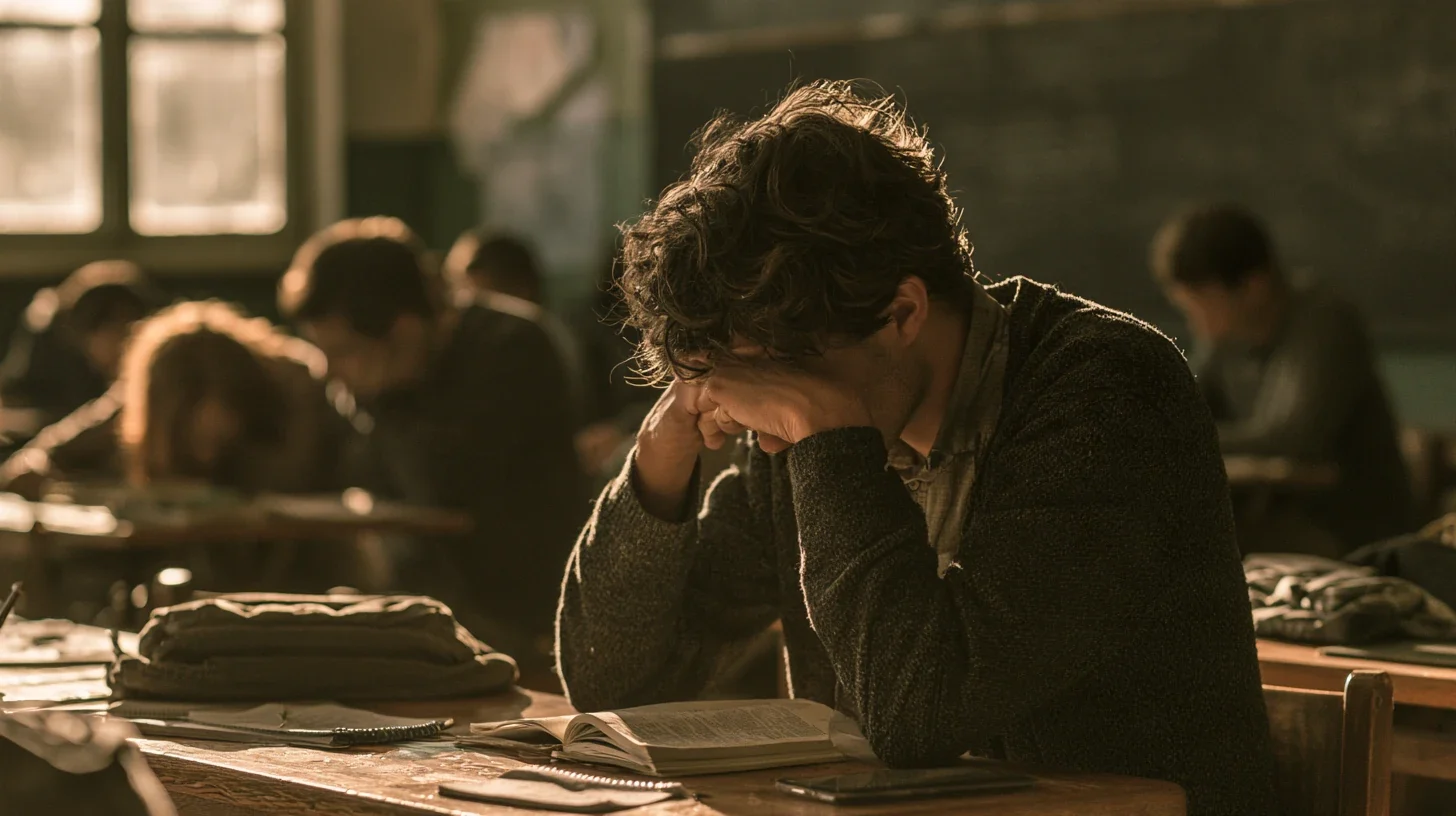 A teacher with dark curly hair sits at a desk, head bowed and resting on one hand, in a warmly lit classroom with blurred students and windows behind.
