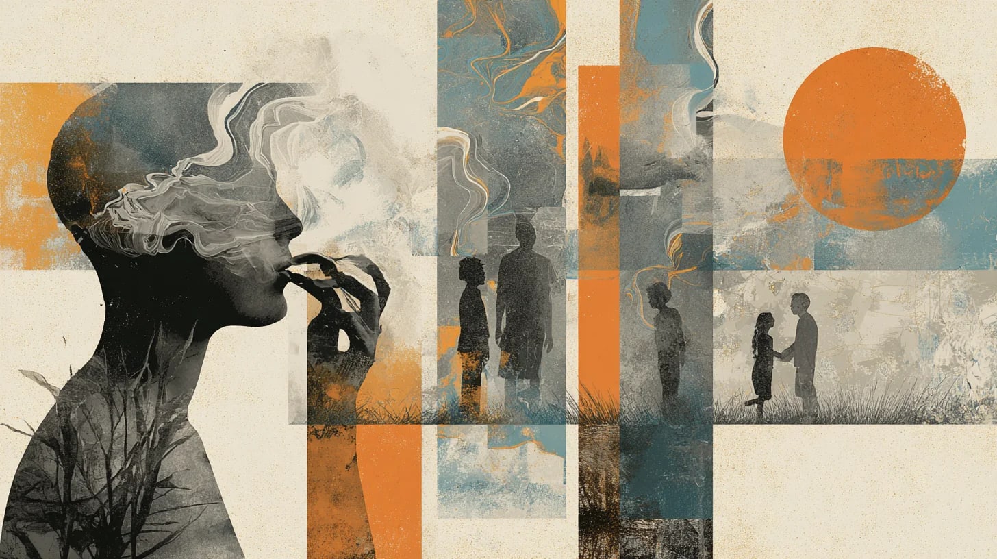 Abstract collage-style illustration: a large profile of a person smoking on the left, with wisps of smoke merging into layered geometric panels in orange, teal, and grey; silhouettes of adults and children stand facing each other in the midground, and a large orange sun circle dominates the right, all set against a textured beige background.