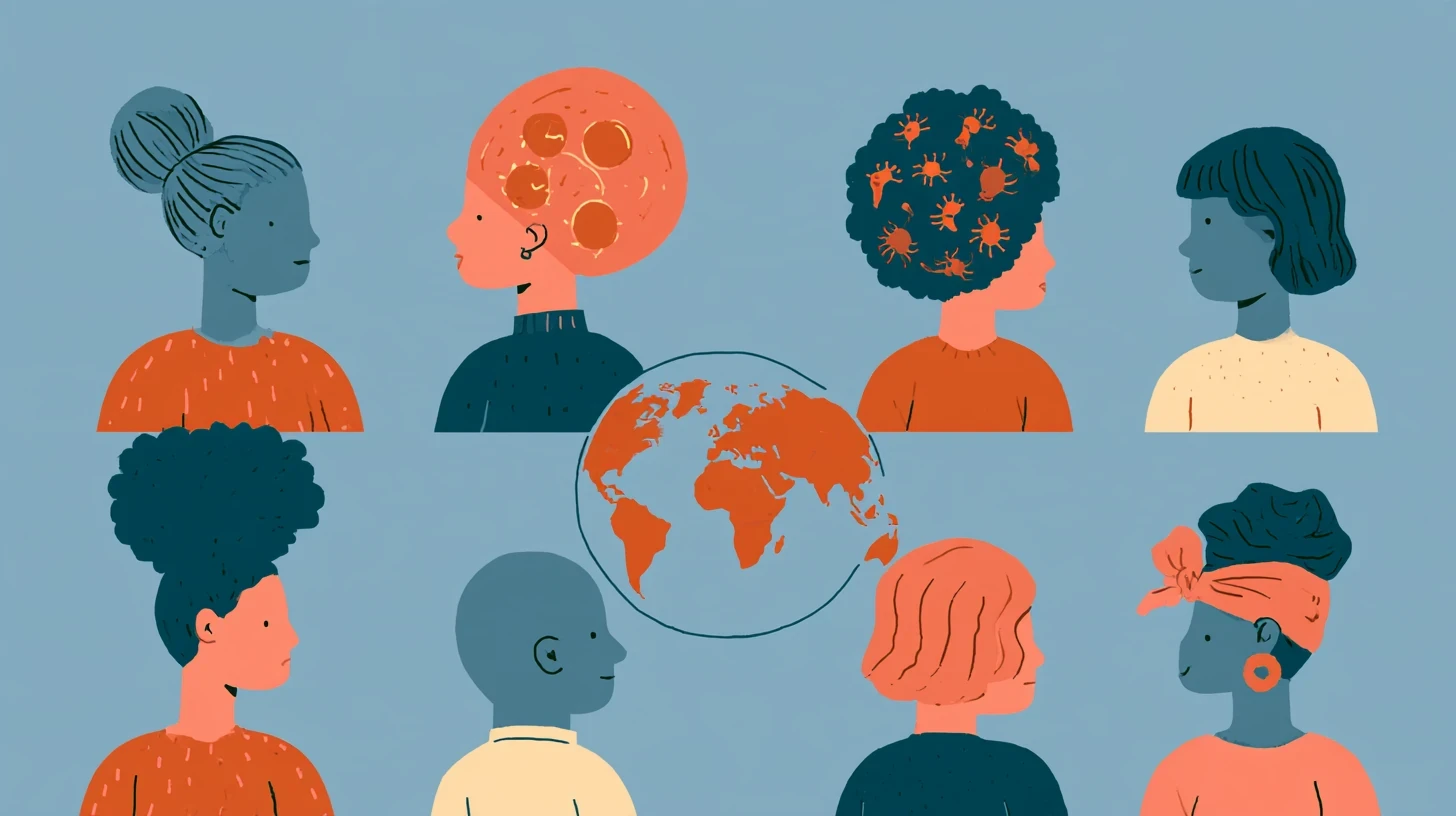 Eight drawn people in profile and from behind, in orange, navy and cream, surround a small orange globe on a blue background; two have hair patterned with round orange shapes and one wears an orange headscarf.