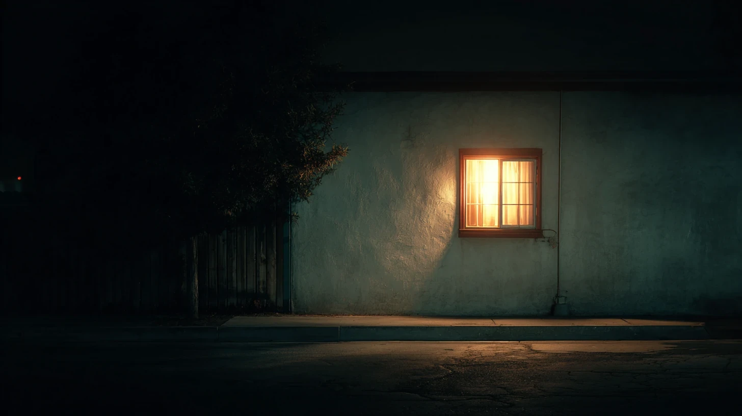 A single warm lit window in a dark wall at night