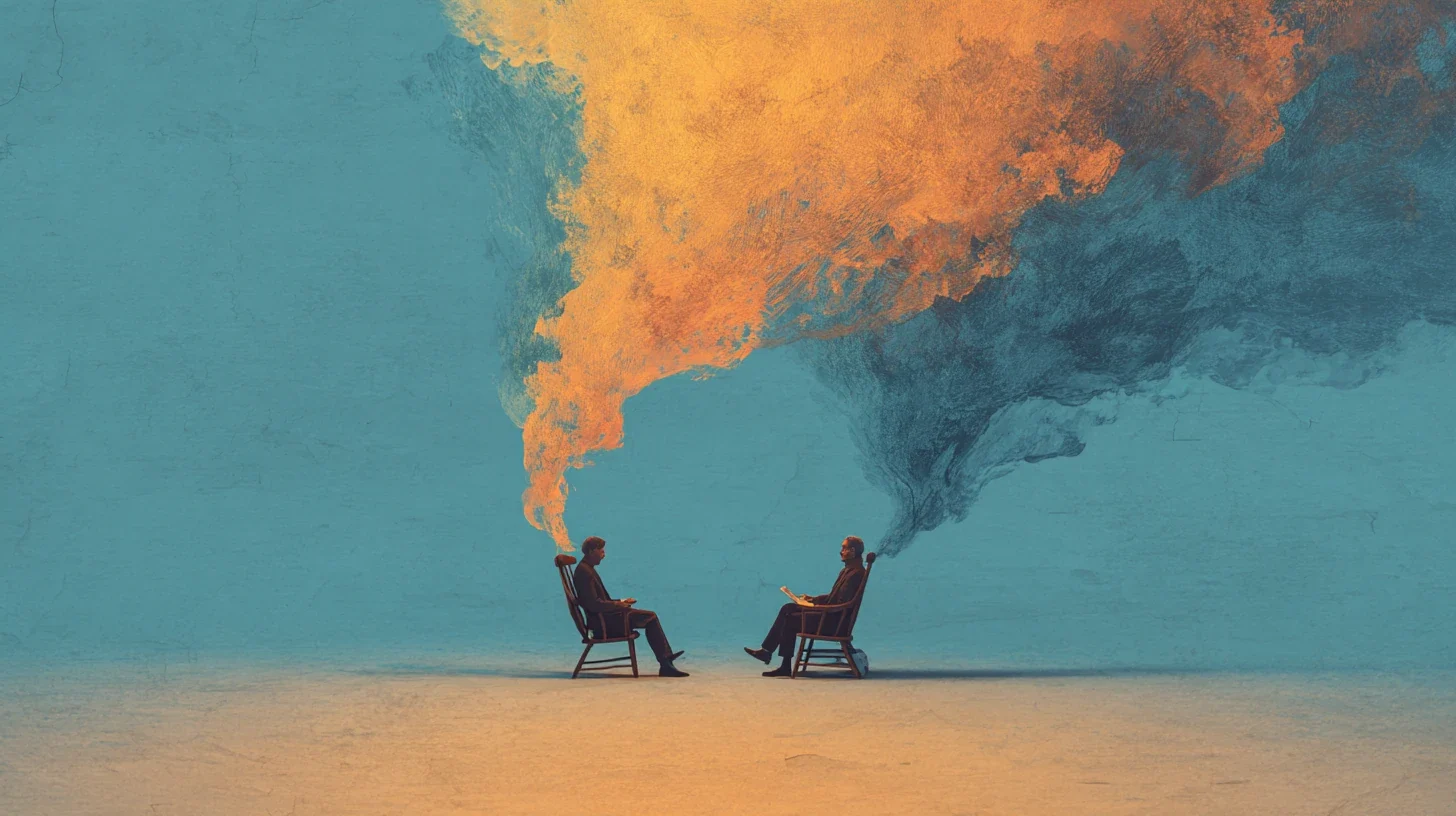 Two people sit in wooden chairs facing each other on a barren landscape, with orange smoke-like clouds emanating from each chair and merging above in a contrasting blue sky.
