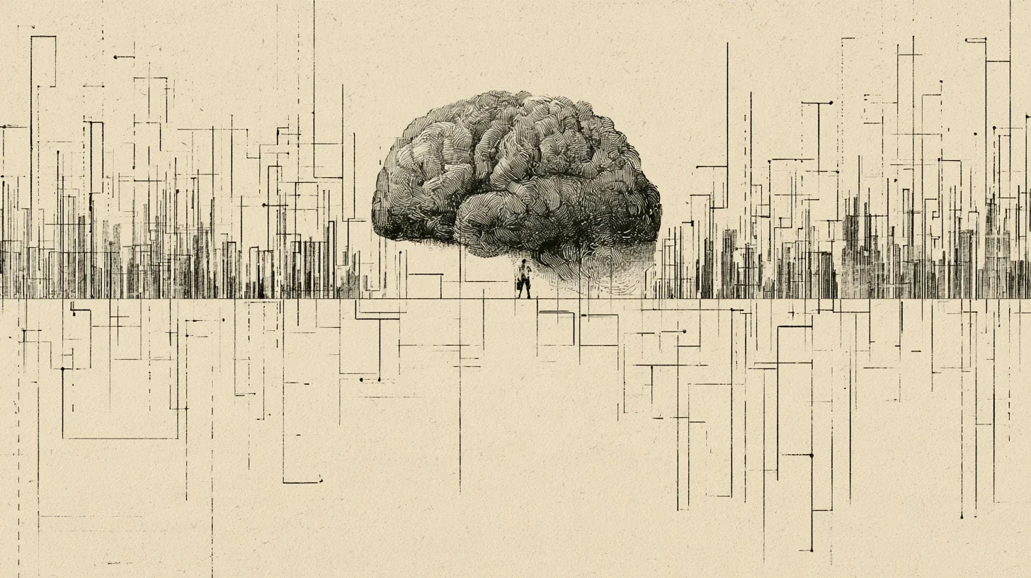 A large pencil-drawn brain sits on a horizon line above a small standing figure, with thin vertical lines like a skyline or a chart spreading out on both sides across a cream background.