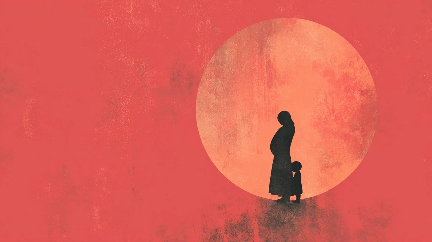 A mother and child silhouetted against a low red sun