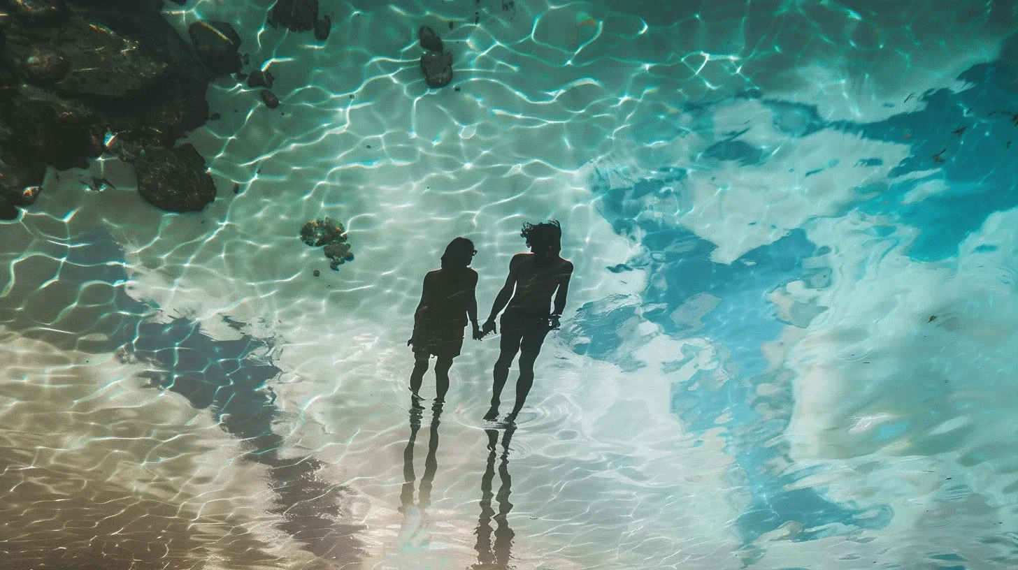 Two people, an adult and a child, stand hand in hand in clear, shallow water near a rocky shore, their reflections visible on the rippling surface.
