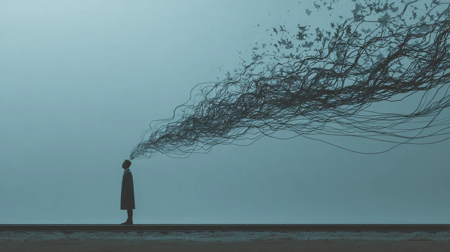 A solitary person stands on a rail track facing left, with tangled dark lines extending from their head and curving upward and to the right, resembling flowing strands or vines against a pale blue misty background.