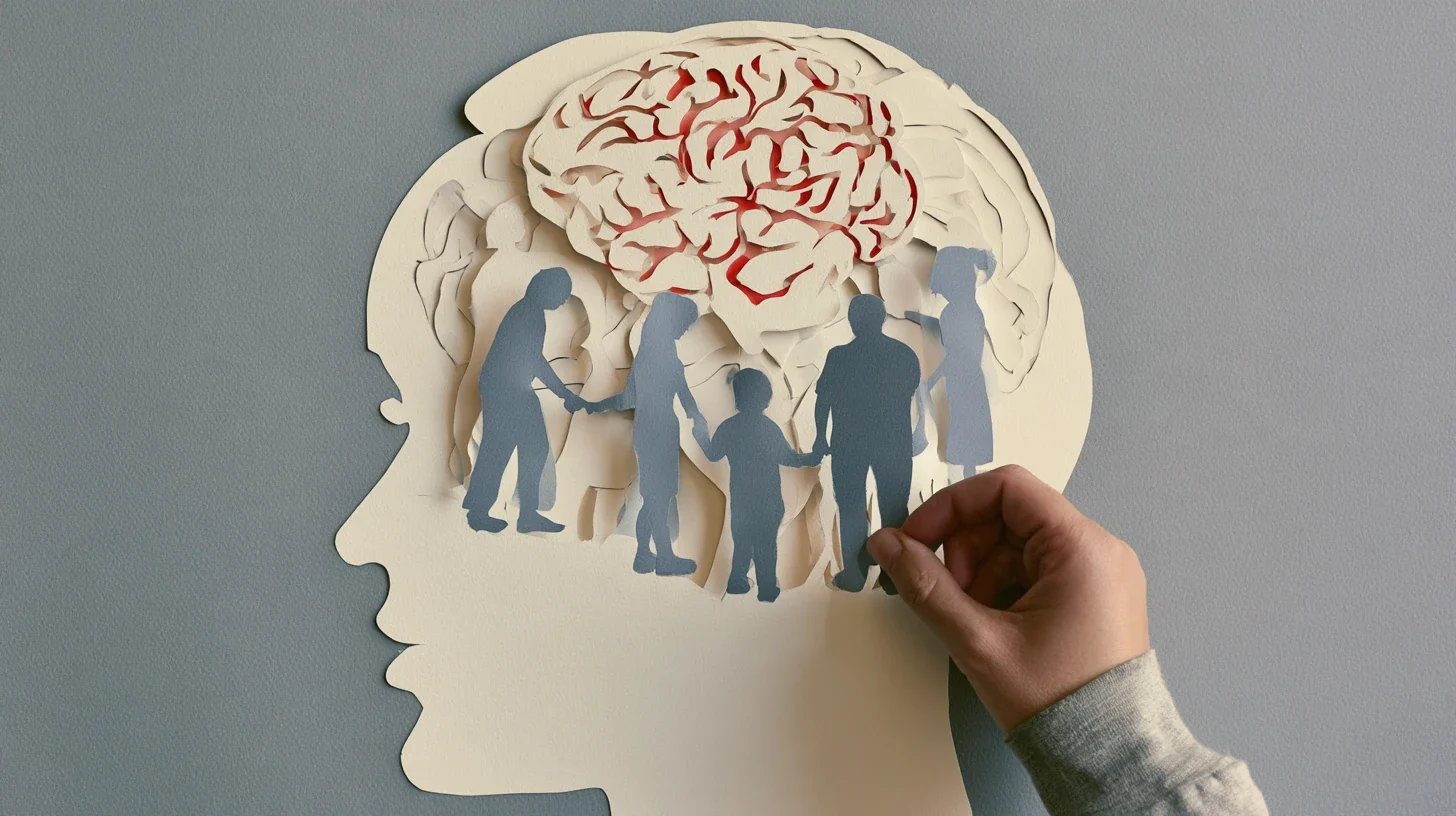 Layered paper cut-out of a head in profile, with a paper brain traced in red at the top and grey silhouettes of a family holding hands below, as a hand places one figure.