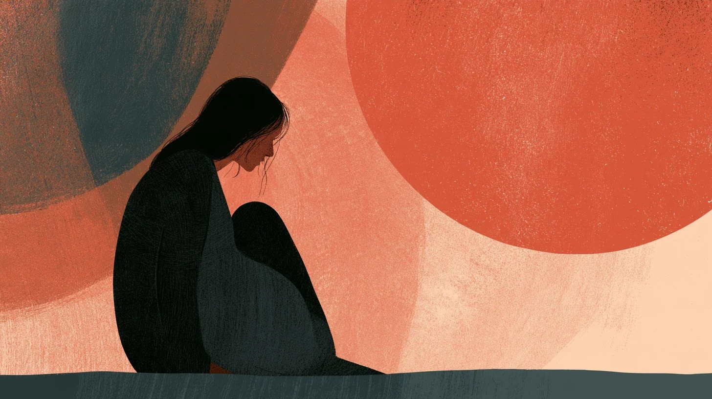 A woman with long dark hair sits alone with her knees drawn up and her head bowed, drawn in soft textured shapes in front of a large coral-red sun and muted orange and grey circles.
