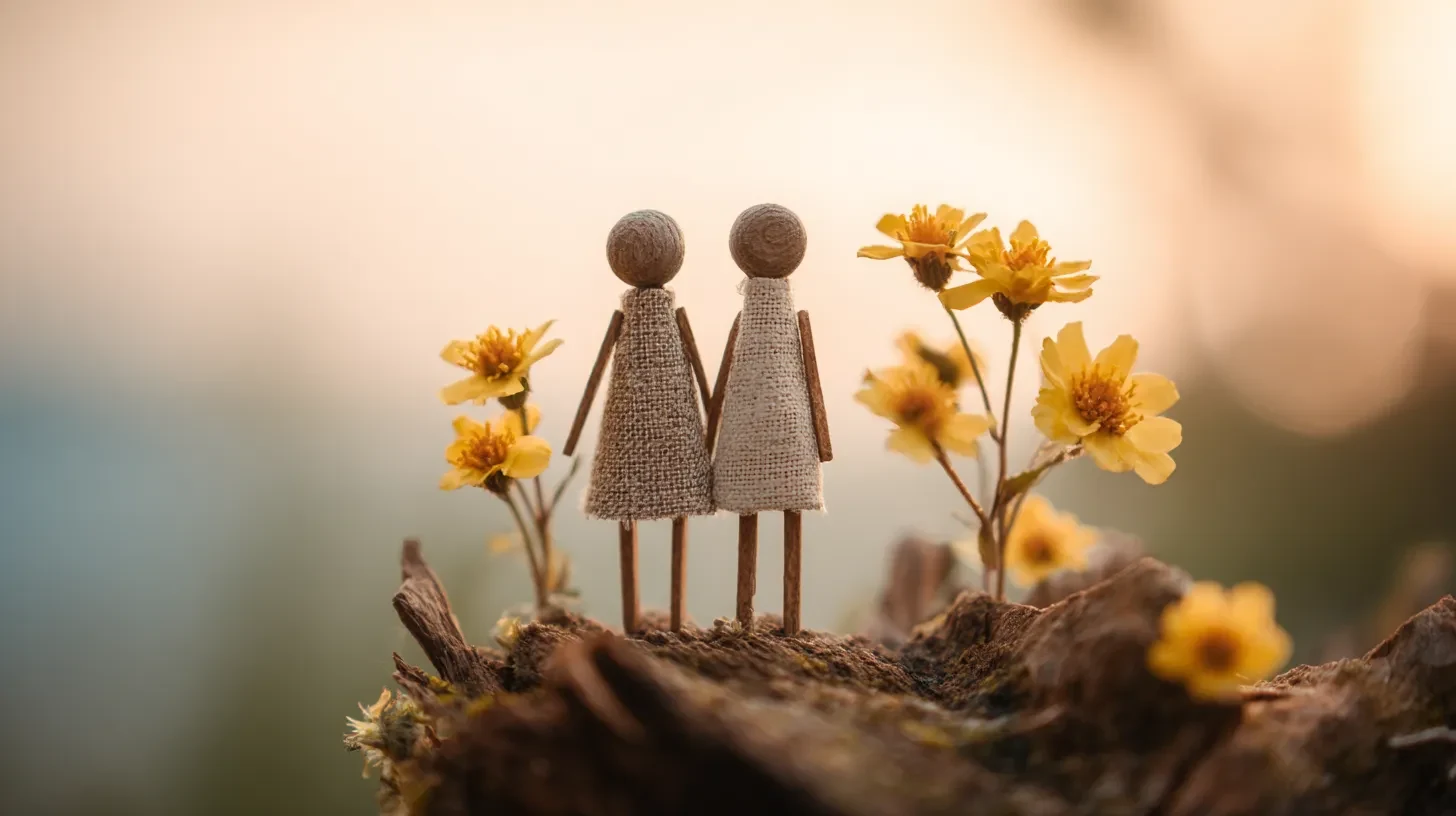 Models of couple holding hands amoungst flowers