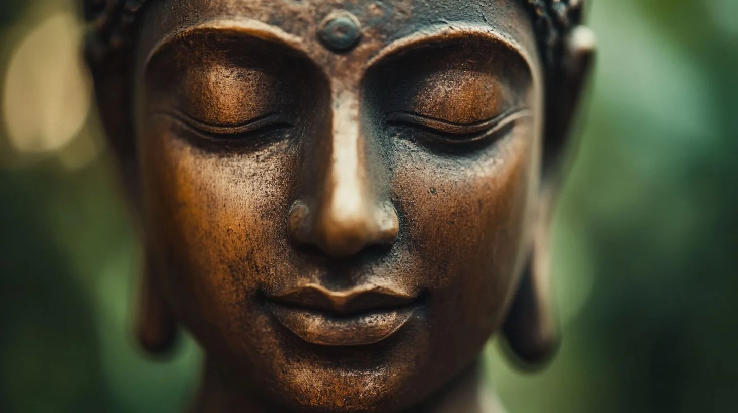 Bronze face in deep mediative state close up with eyes closed.