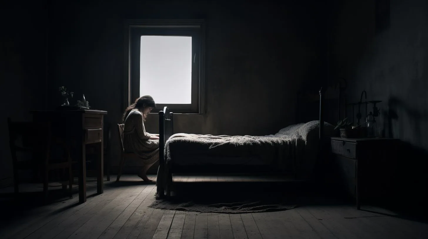Visual representation of depression through a dark room with a lone girl and simple furniture – F32.0, F32.1, F32.2, F32.3, F32.4, F32.5, F32.9, F33.0, F33.1, F33.2, F33.3, F33.41, F33.42, F33.9, F32.8, F32.9