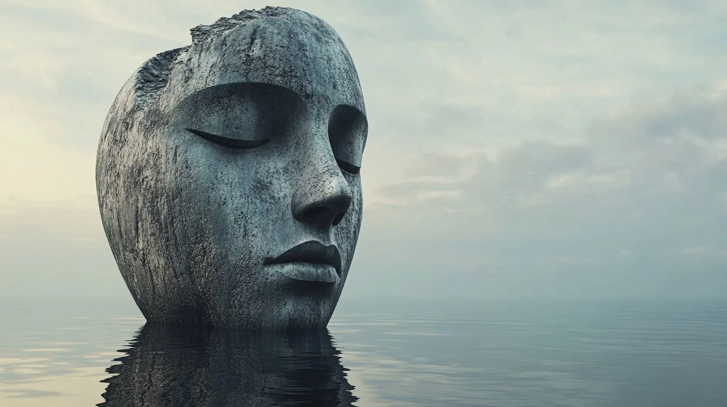Peaceful carved stone face floating on Porto waters