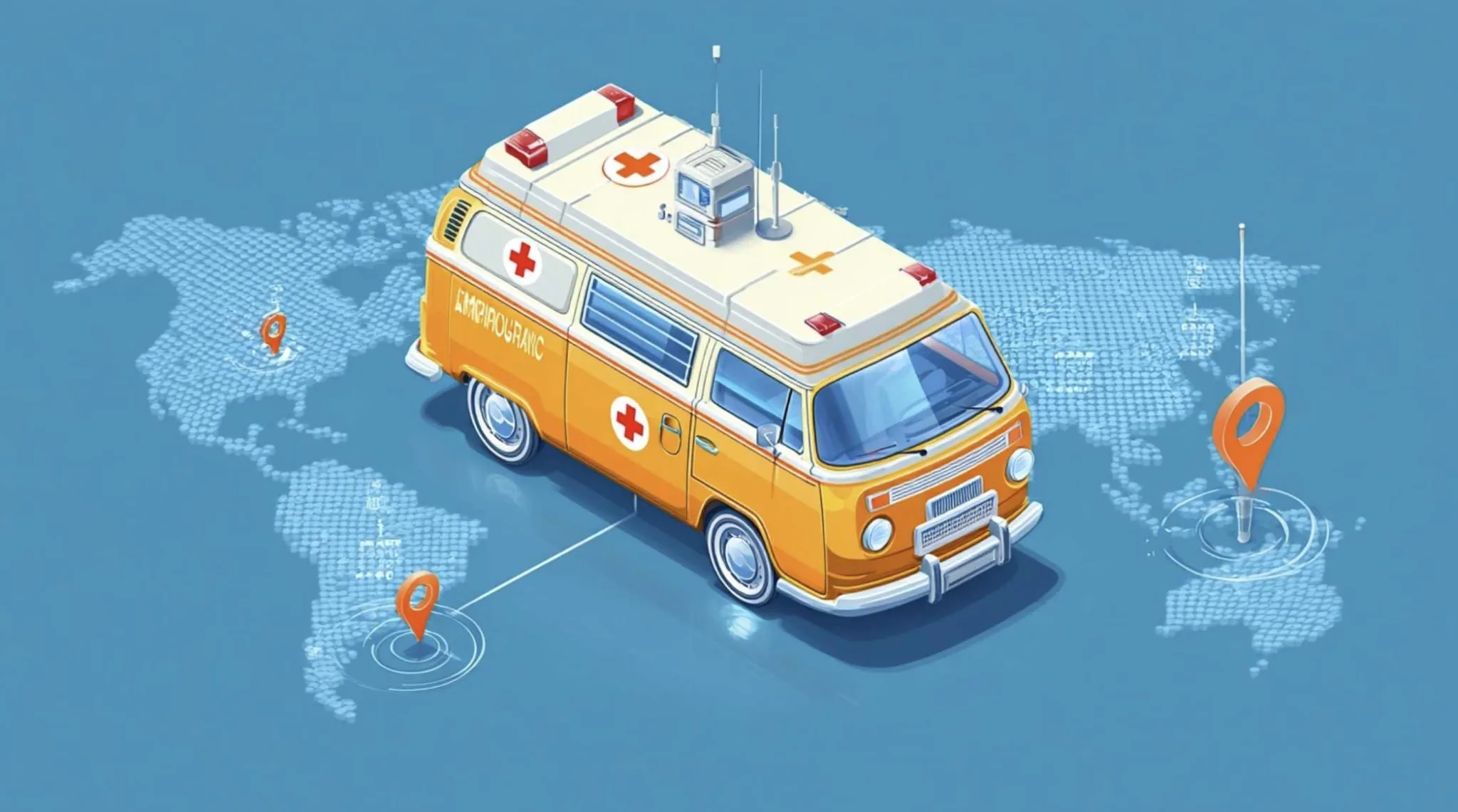 Orange and white ambulance van with emergency lights on a blue background, world map dotted pattern, and two orange location pins connected by lines.