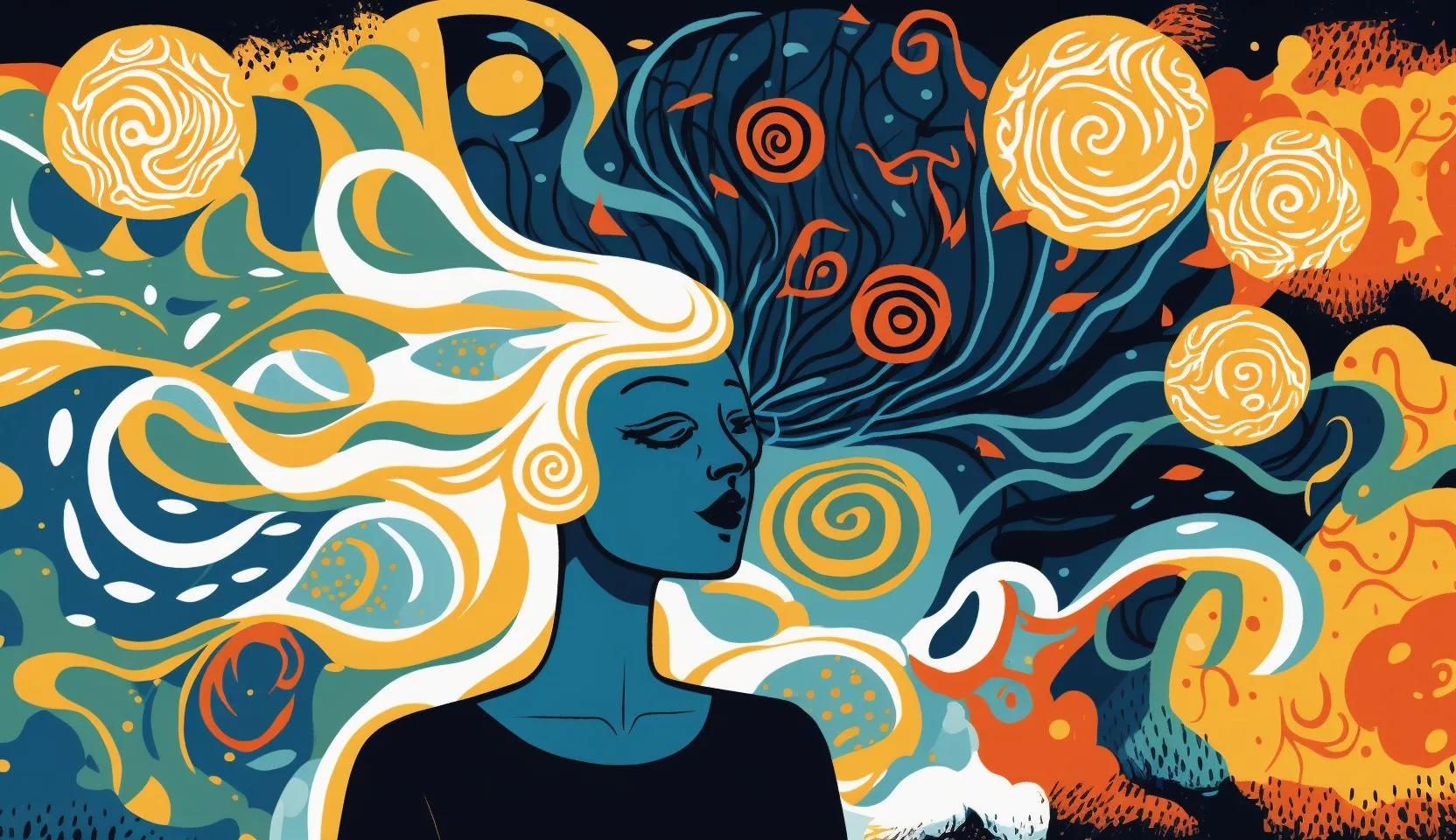 An illustration of bipolar disorder features a young woman who is surrounded by vibrant and dark art - F31.11, F31.12, F31.13, F31.2, F31.73, F31.74, F31.9, F31.0, F31.73, F31.74, F31.9, F31.31, F31.32, F31.4, F31.5, F31.75, F31.76, F31.9, F31.9, F34.0, F31.89, F31.9