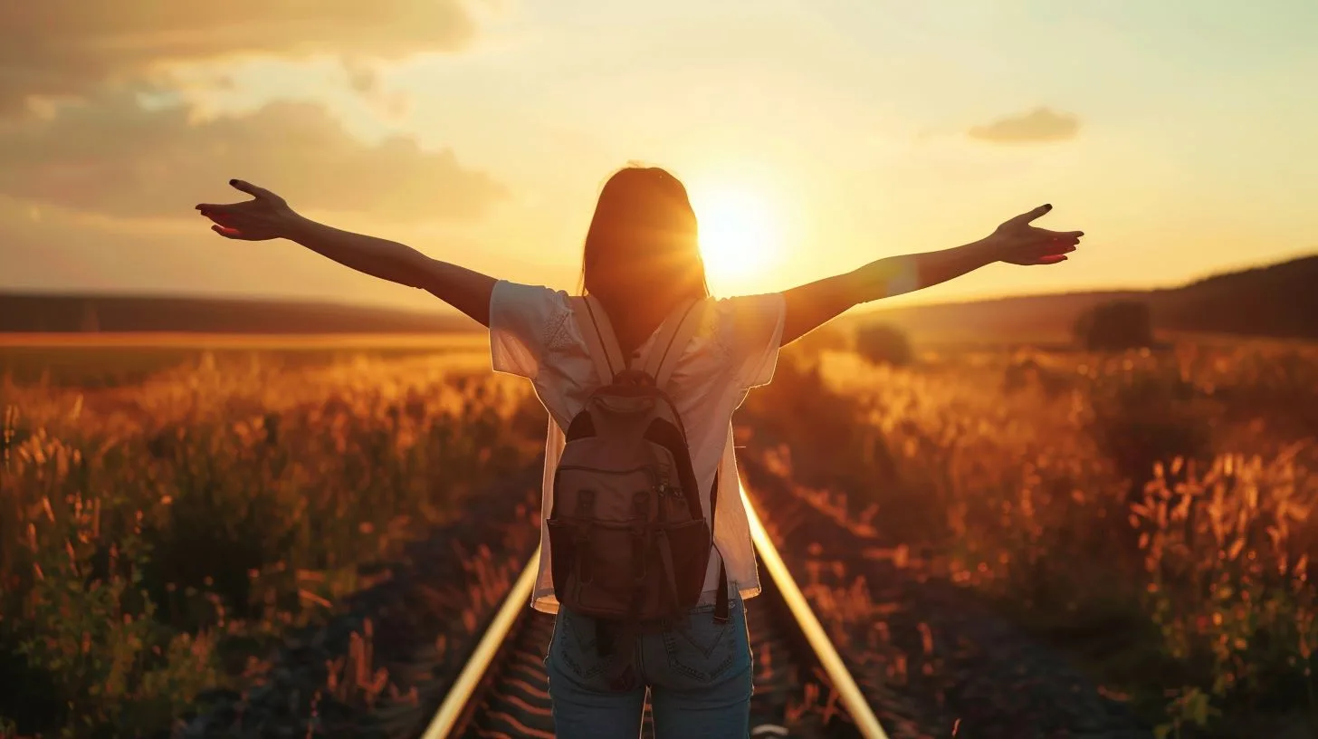 Woman looking towards the future arms extended on railway