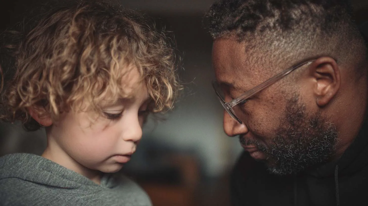 a man engaging closely with a child