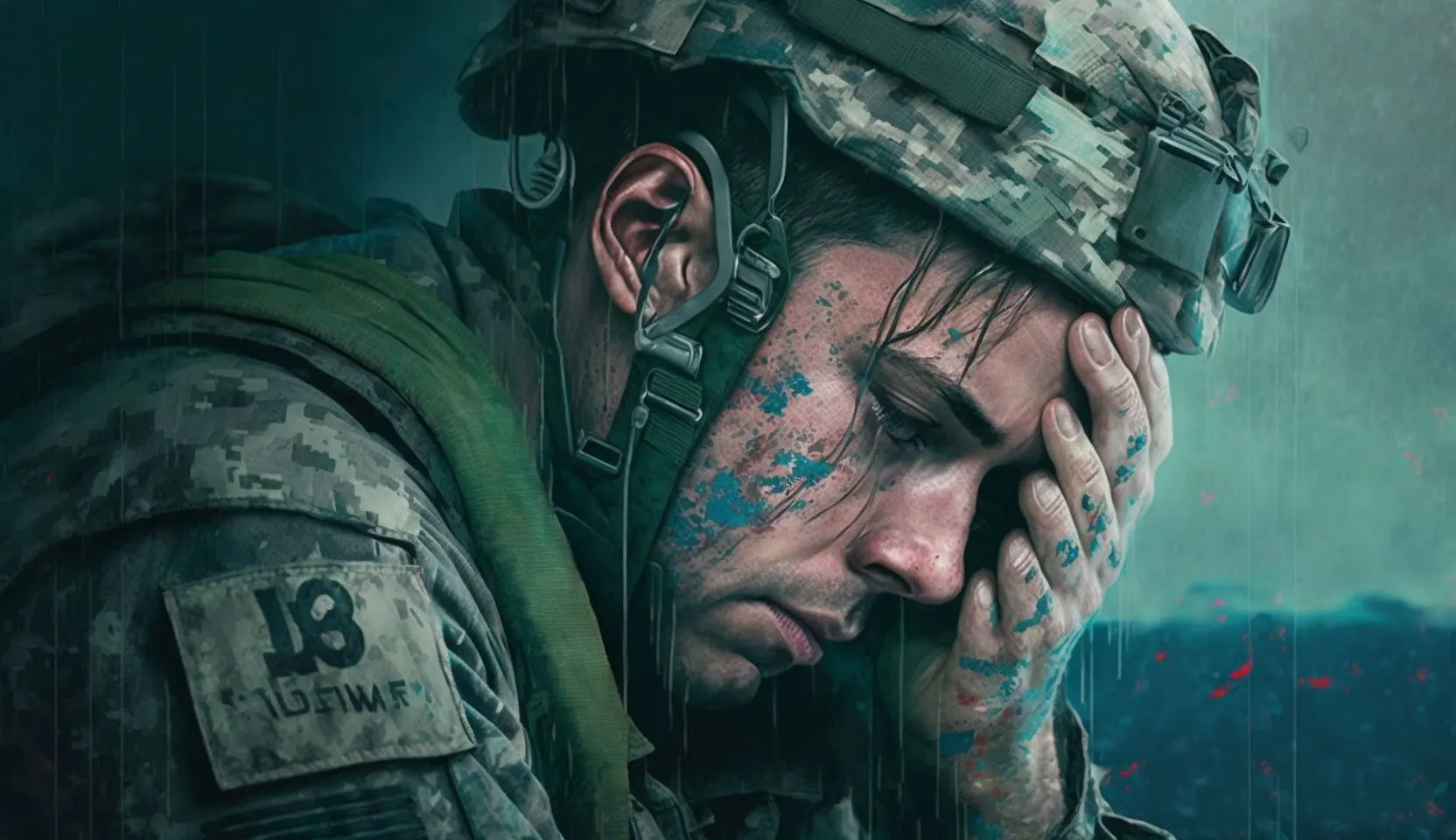 An emotional depiction of PTSD shows a dejected soldier touching his face in half - F43.1