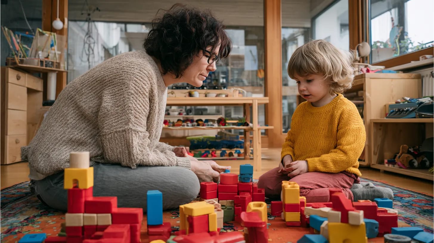 Therapist guiding a child through block building