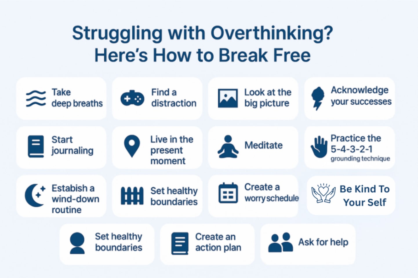 Illustration showcasing steps to overcome overthinking