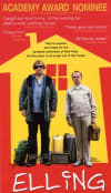 Movie poster for Elling, featuring two men with luggage and a red house backdrop, highlighting themes of mental health and personal journeys.