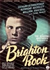 Classic film poster for Brighton Rock, featuring the main character's intense expression and vintage typography.