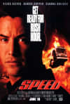 Alt text: Film poster for 'Speed' featuring intense close-up of Keanu Reeves with a fiery explosion backdrop.
