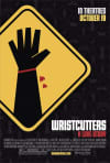 Alt text: Movie poster for 'Wristcutters: A Love Story' featuring a hand silhouette and warning sign symbolizing mental health themes.