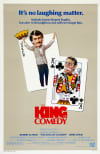 Movie poster for King of Comedy featuring a character with cards, highlighting themes of mental health and comedic struggles.