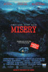 Movie poster for Misery, featuring a snowy landscape and a remote cabin, highlighting themes of obsession and mental distress.