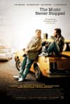Movie poster for The Music Never Stopped, featuring two men sitting on a yellow taxi, exploring themes of mental health and connection.