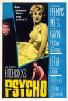 Classic movie poster for Alfred Hitchcock's Psycho, featuring a woman in a yellow dress and key cast names.