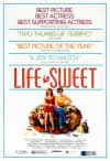 Poster for the film Life is Sweet, featuring characters and awards, exploring themes of mental health and human emotion.
